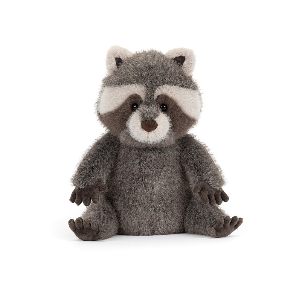 Plush raccoon toy with grey fur and black eye mask