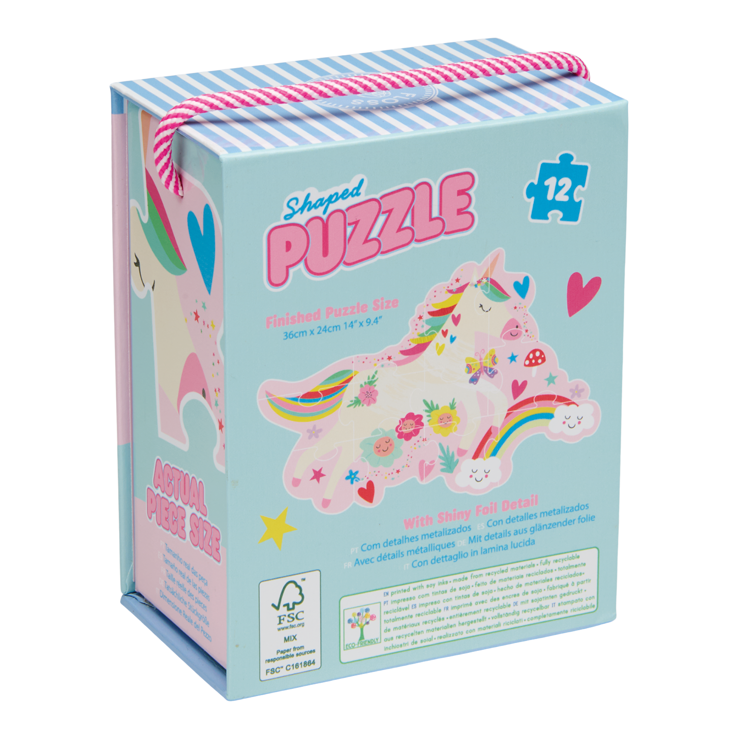 Product photography by Floss & Rock of a unicorn-themed shaped puzzle box for kids featuring a whimsical unicorn, rainbow, and butterfly, including shiny foil accents and a pink striped rope handle against a white background