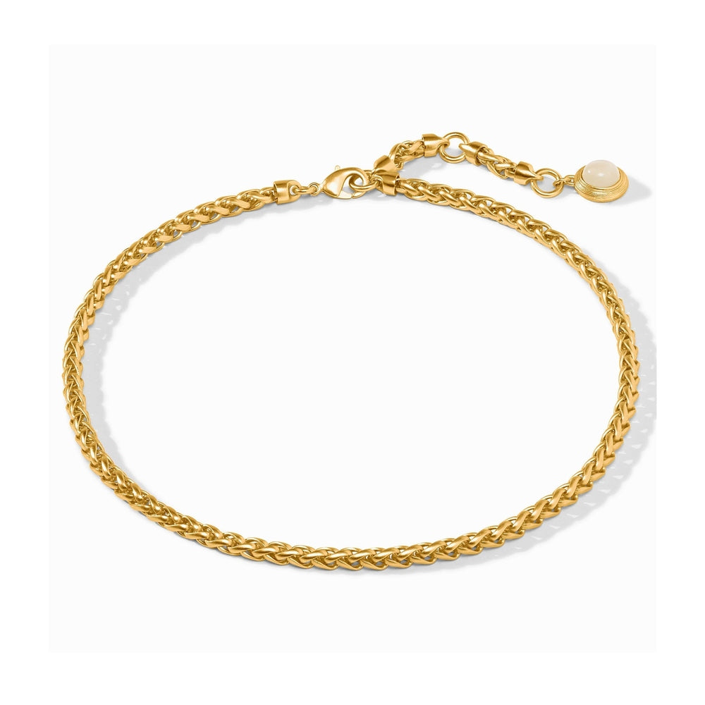 Gold tone wheat chain necklace with lobster clasp and pearl charm