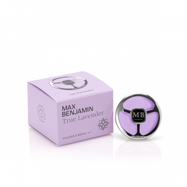 Max Benjamin True Lavender car fragrance box beside a round silver vent clip with a lavender refill