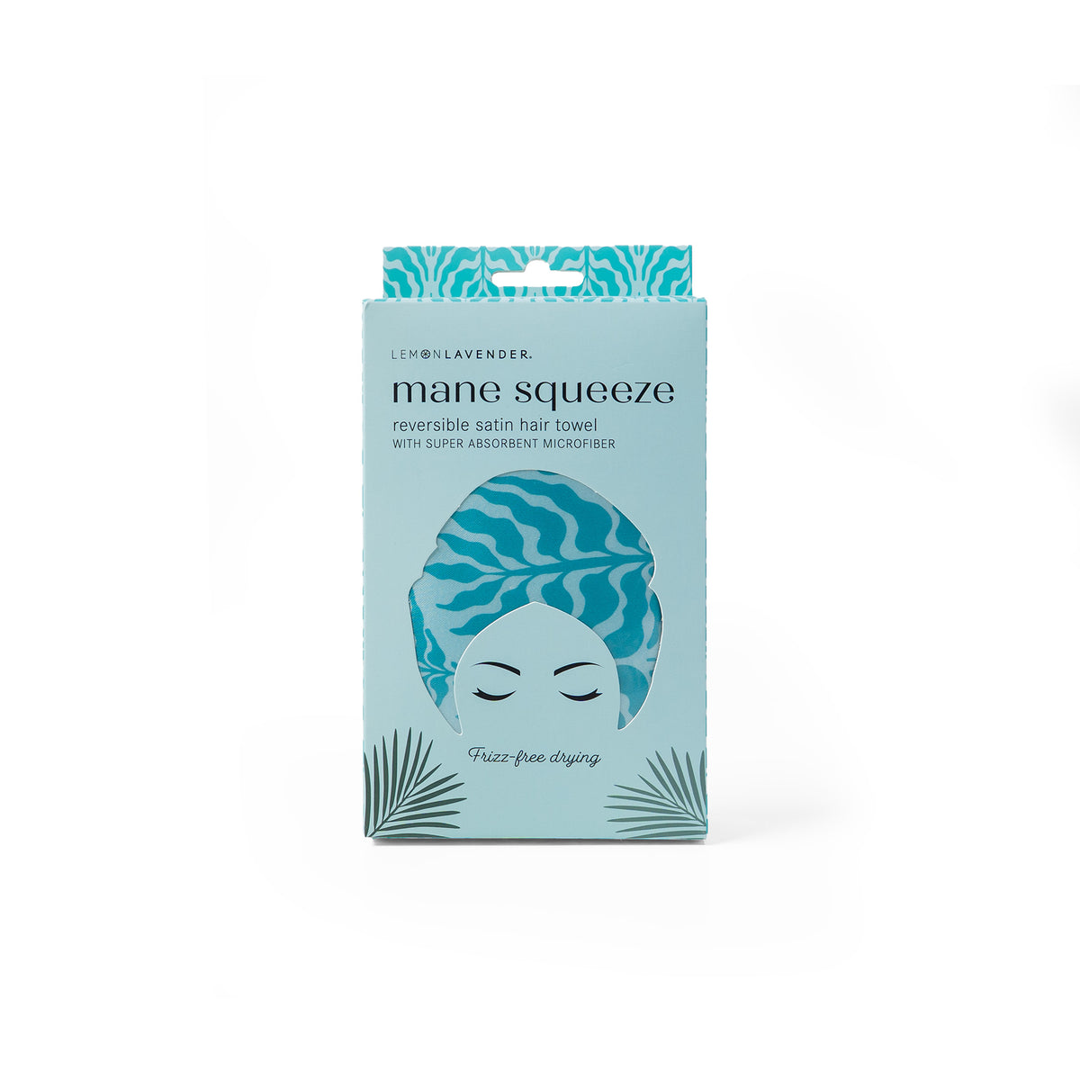 Lemon Lavender Mane Squeeze reversible satin hair towel box in aqua leaf print