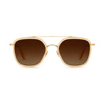 A pair of gold-colored aviator-style sunglasses with polarized amber lenses.