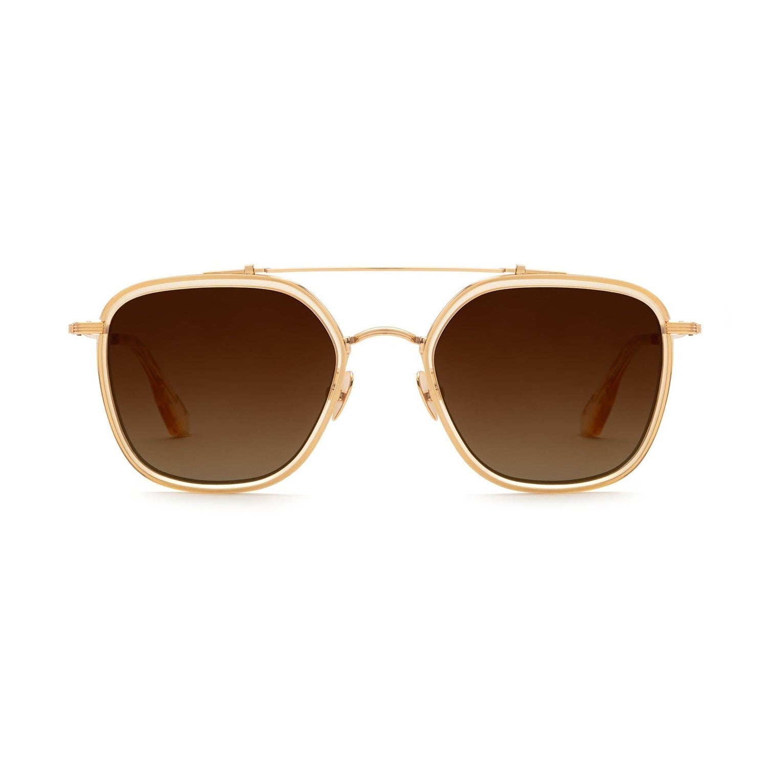 A pair of gold-colored aviator-style sunglasses with polarized amber lenses.