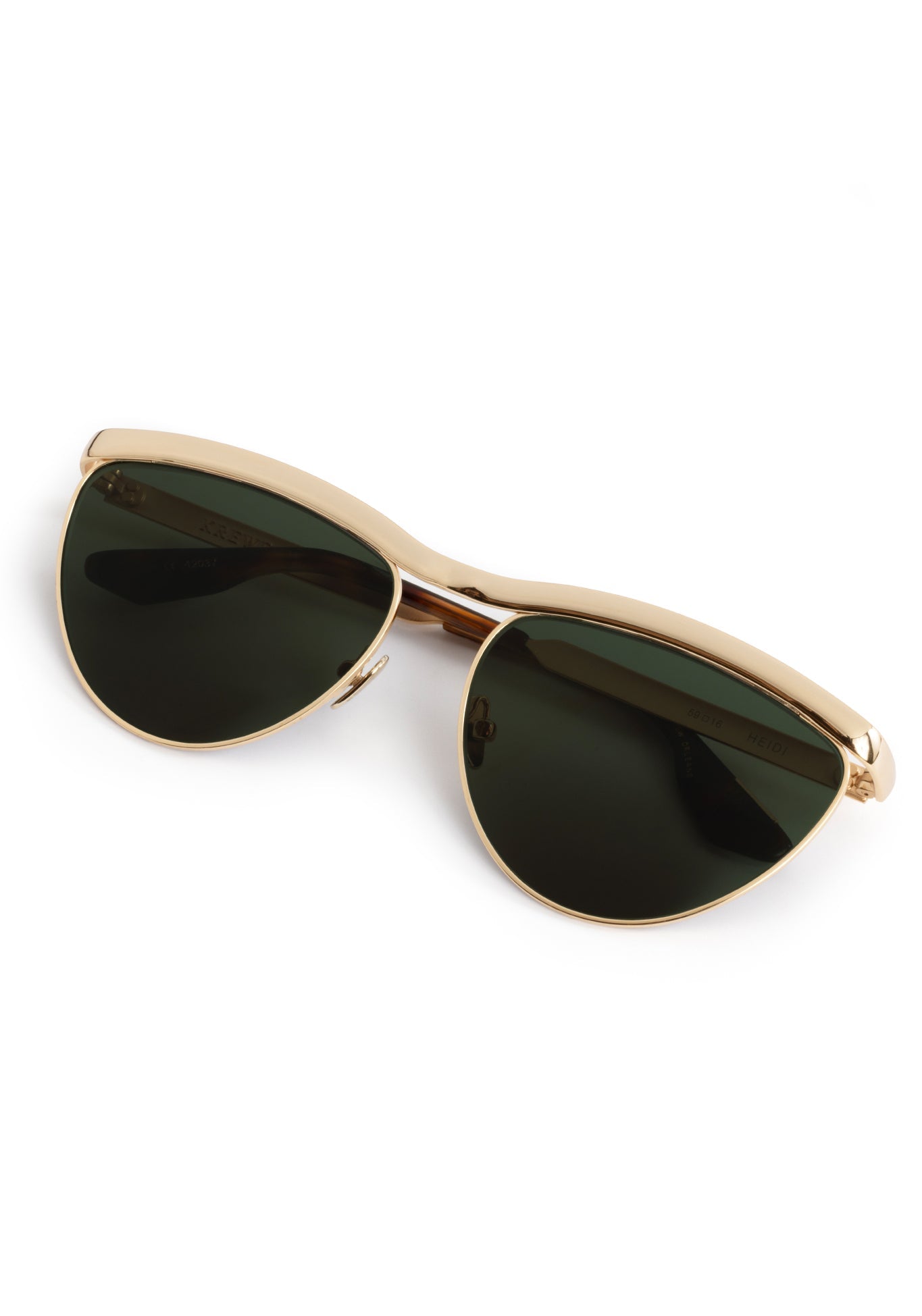 Gold-framed sunglasses with dark lenses on a white background
