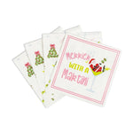 Stack of white paper napkins featuring a Santa Claus illustration in a martini glass with text