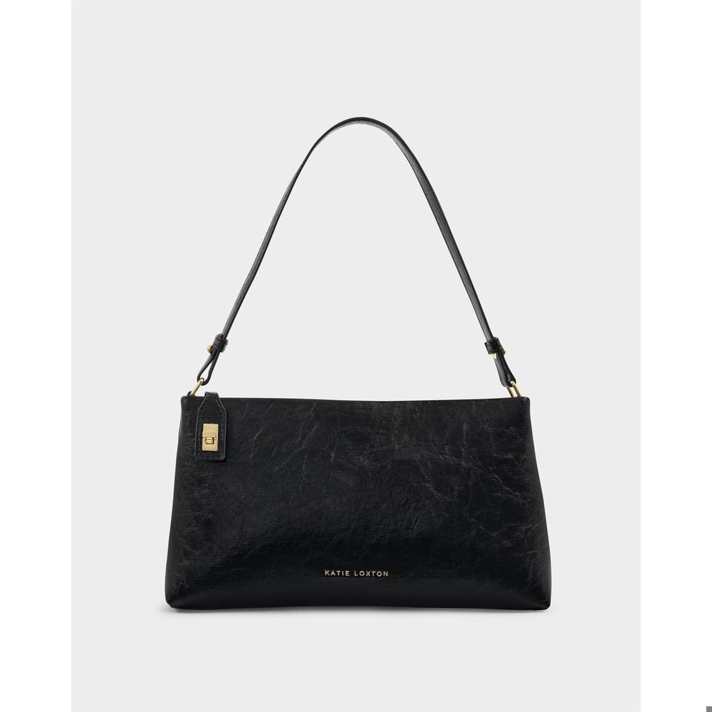 Black textured shoulder bag with gold hardware and Katie Loxton logo