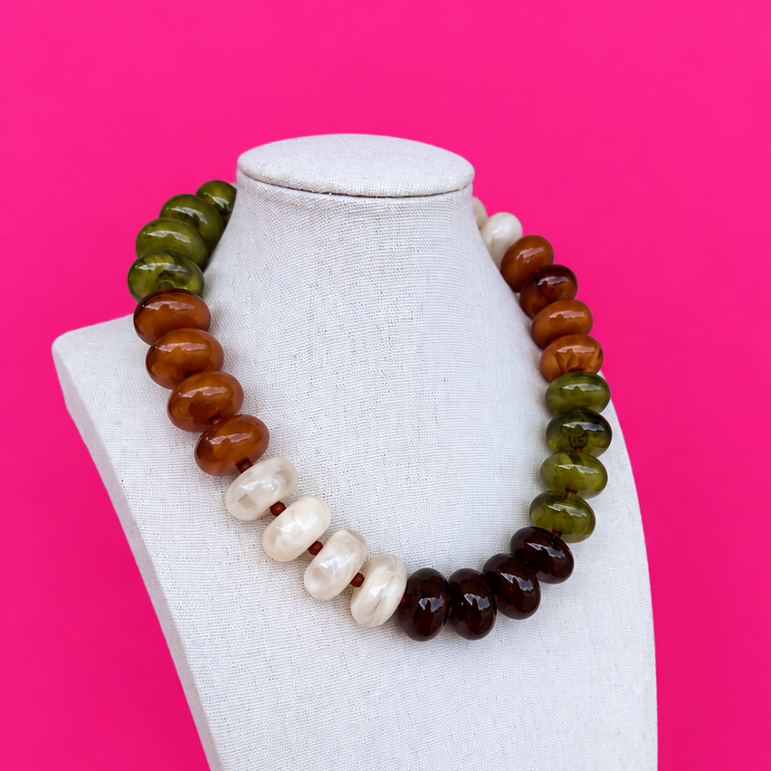 Rust, Olive, Bone Circle Bead Necklace - Fall