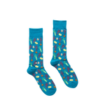 Pair of teal crew socks with a repeating pattern of crawfish corn celery and garlic