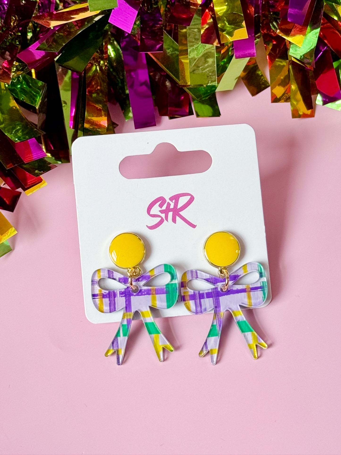 Mardi Gras Plaid Petite Bow Dangle Earring