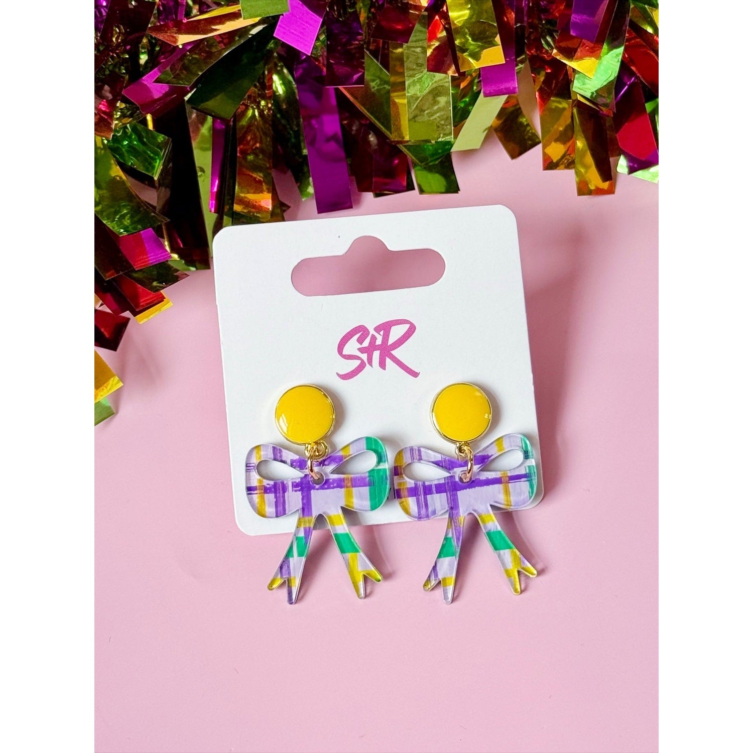 Mardi Gras Plaid Petite Bow Dangle Earring
