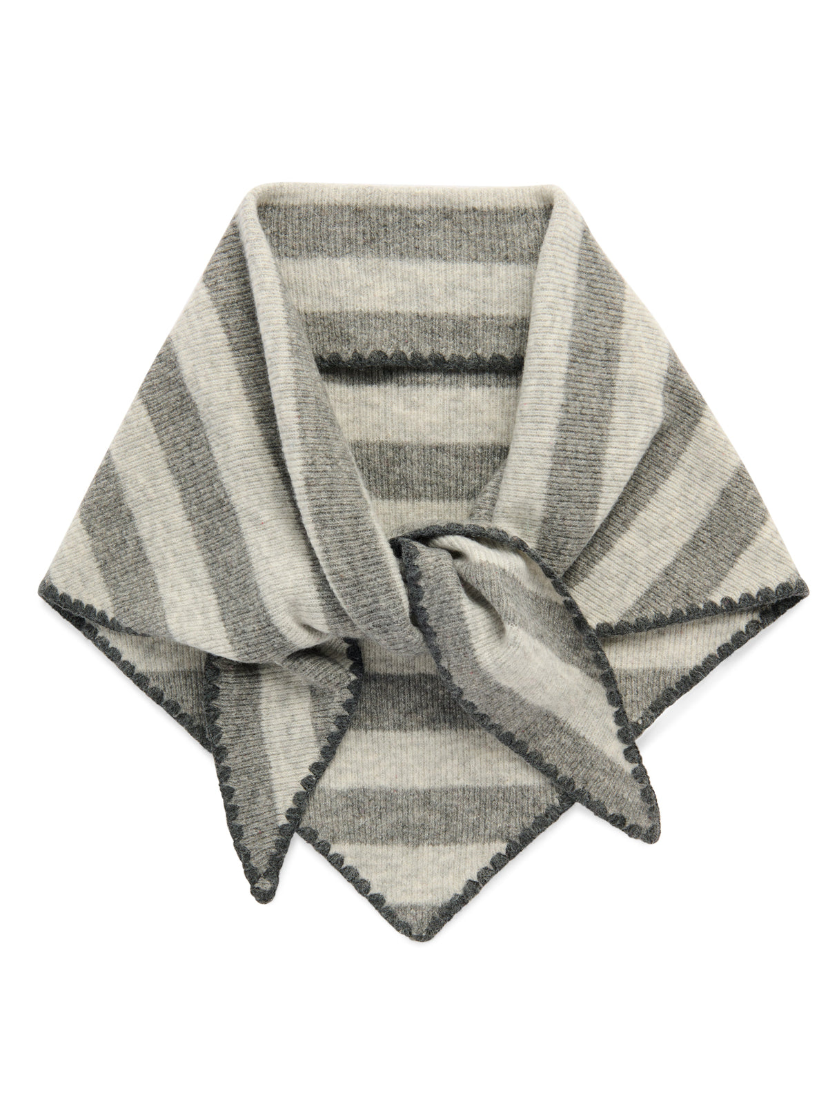 Gray and cream striped triangle scarf with blanket stitch trim
