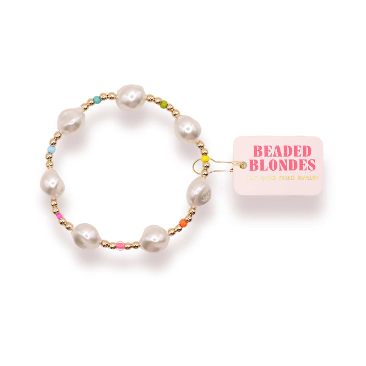 Pearl bracelet with colorful beads next to a 'Beaded Blondes' box on a white background