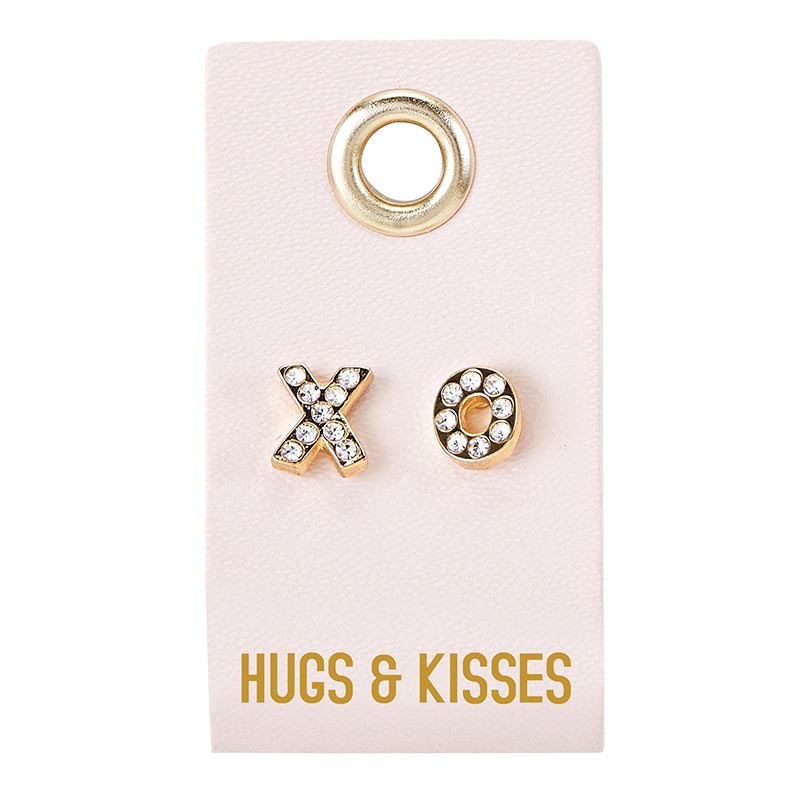 X and O crystal stud earrings on a Hugs and Kisses card