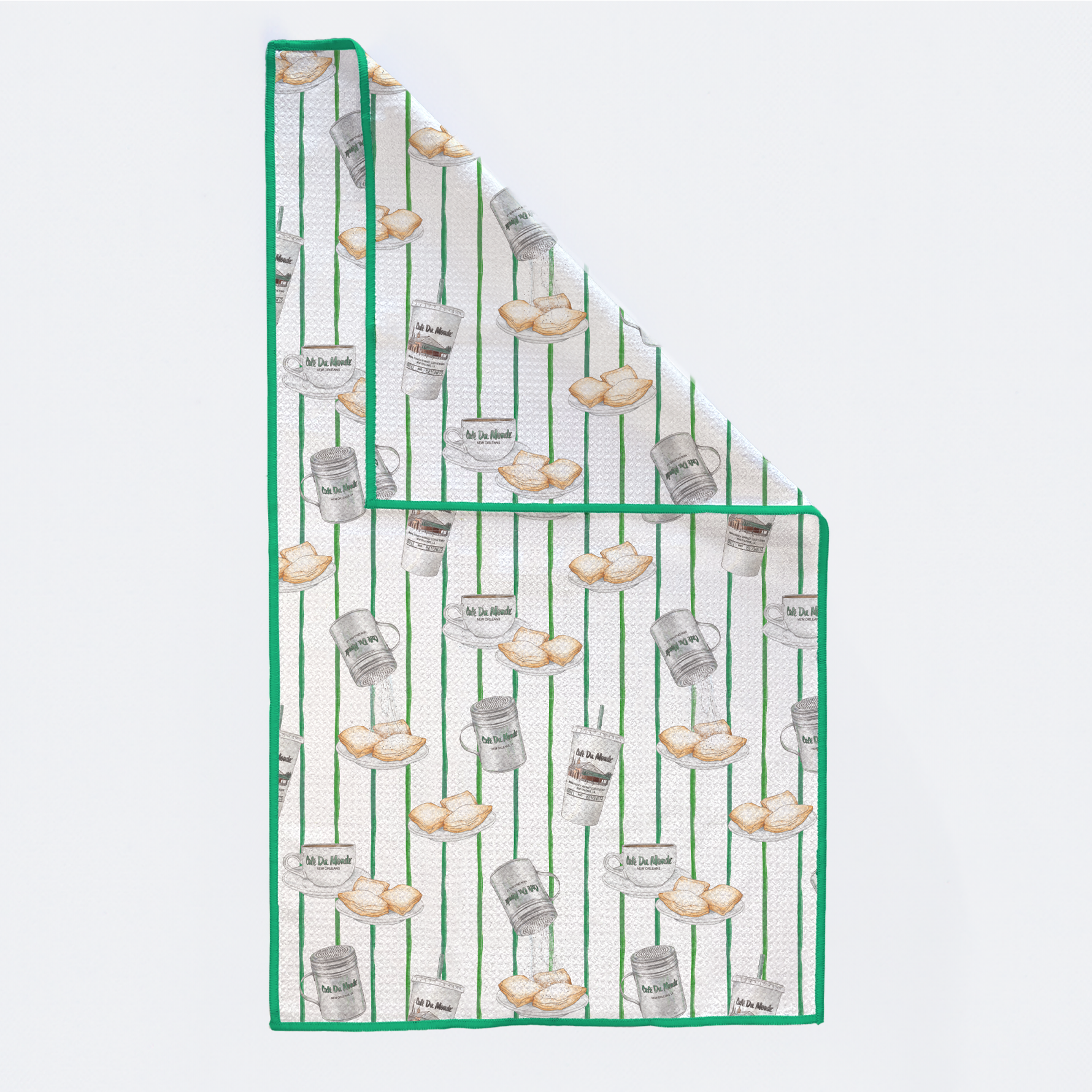 Kitchen towel with coffee-themed design on a white background