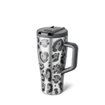 Silver and gray metallic leopard print tumbler with gray handle and lid closed