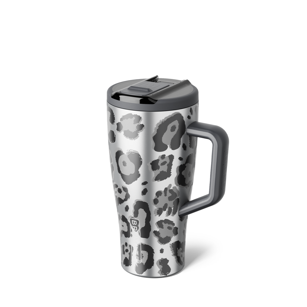 Silver and gray metallic leopard print tumbler with gray handle and lid closed