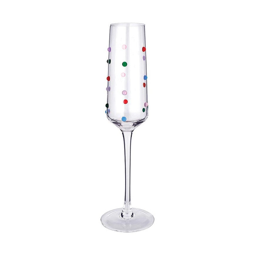 Clear glass champagne flute with colorful polka dot accents