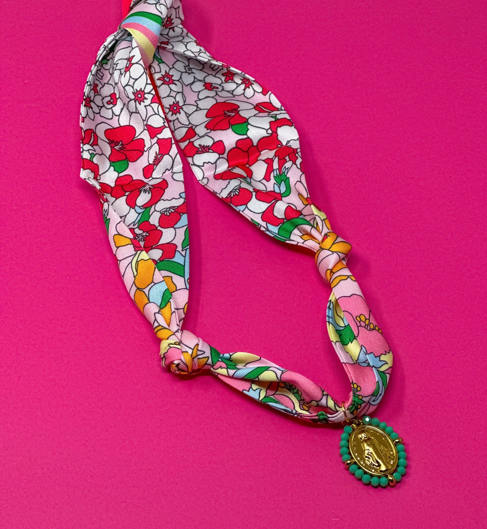 Floral w/ Turquoise Beaded Mary - Scarf Charm Necklace