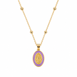 Gold bead chain necklace with a lavender enamel Virgin Mary medallion