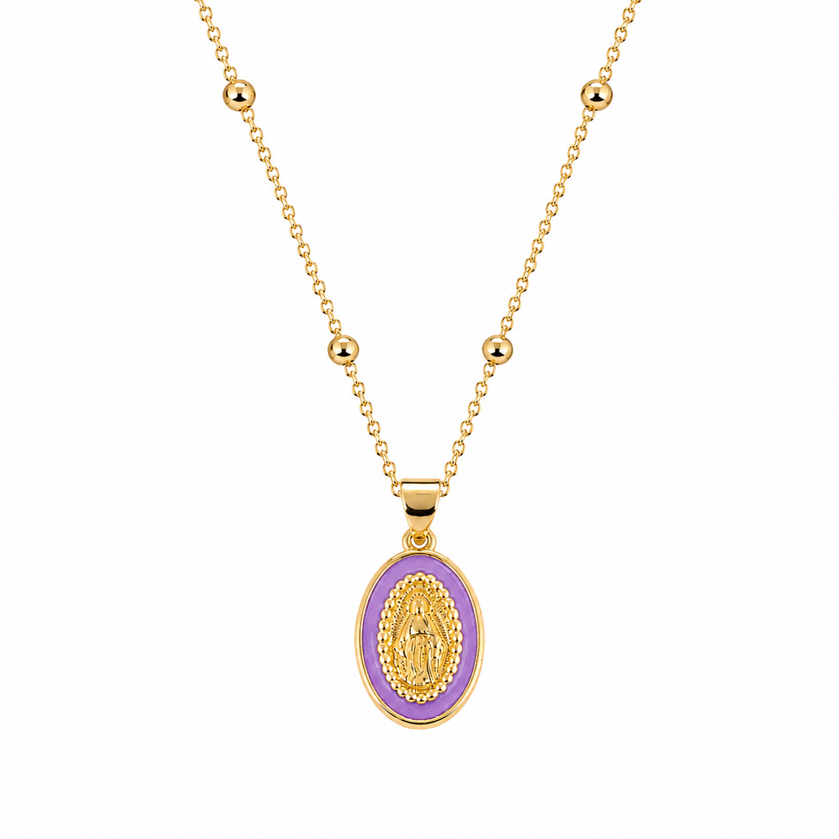 Gold bead chain necklace with a lavender enamel Virgin Mary medallion
