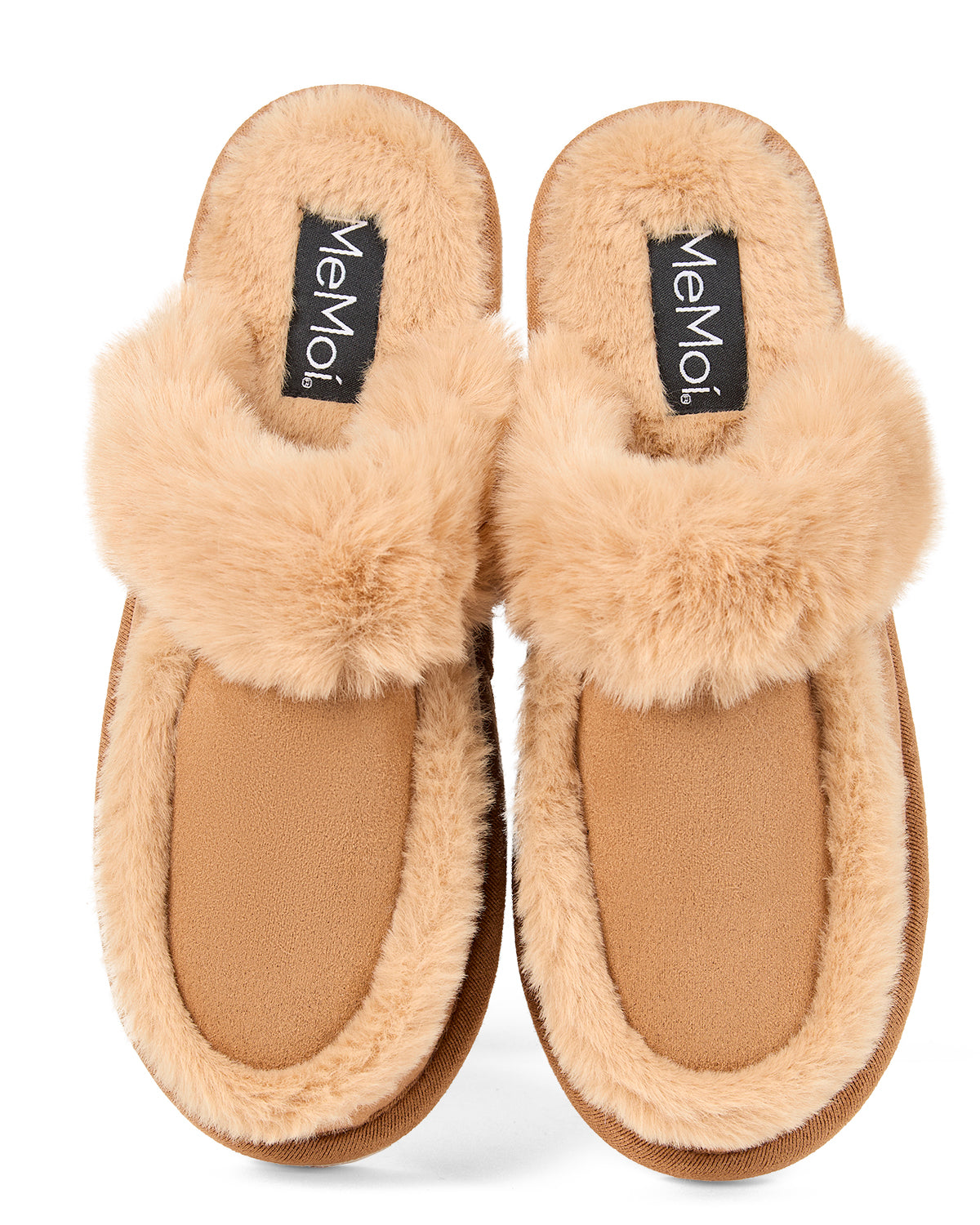 Photography by MeMoi a pair of cozy tan faux fur lined slide slippers featuring a suede-like body and black brand tags on a white background