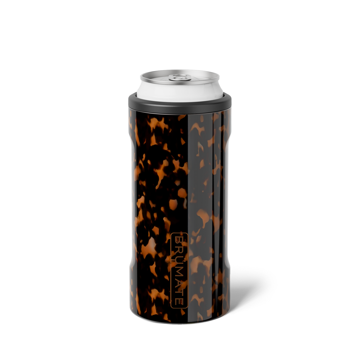 Tortoiseshell BrüMate slim can cooler holding a can