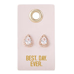 Teardrop crystal stud earrings on a Best. Day. Ever. card