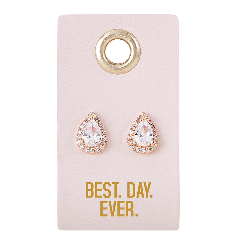 Teardrop crystal stud earrings on a Best. Day. Ever. card