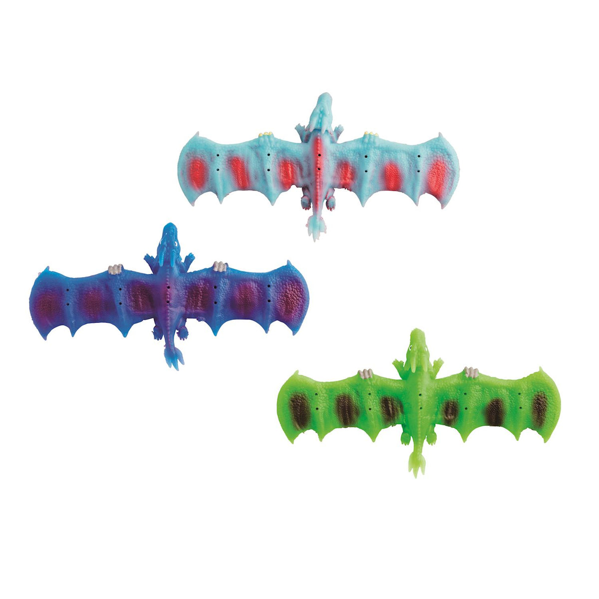 Three rubber dragon toys in blue, purple, and green with spread wings