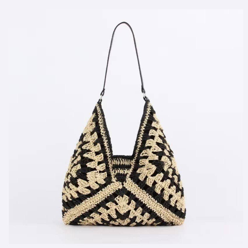 Black Mix Crochet Open-Weave Boho Handbag