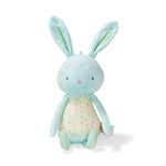 A plush toy depicting a blue bunny with a patterned shirt and embroidered details on its face, ears, and body.