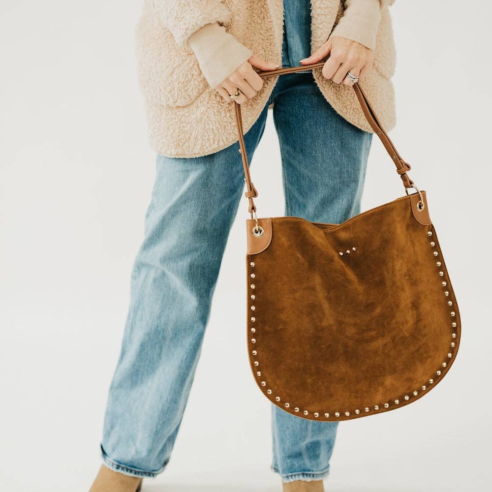 Camel - Rosalie Rivet Suede Hobo Bag
