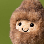 Close-up of a plush toy with a brown fuzzy exterior and beige face on a green background