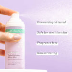 Patchology Skin Remedy Calm and Protect Micro Mist bottle being sprayed with text listing product benefits