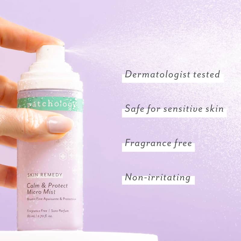 Patchology Skin Remedy Calm and Protect Micro Mist bottle being sprayed with text listing product benefits