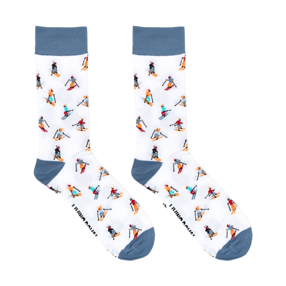 White socks with a skier print and blue cuffs