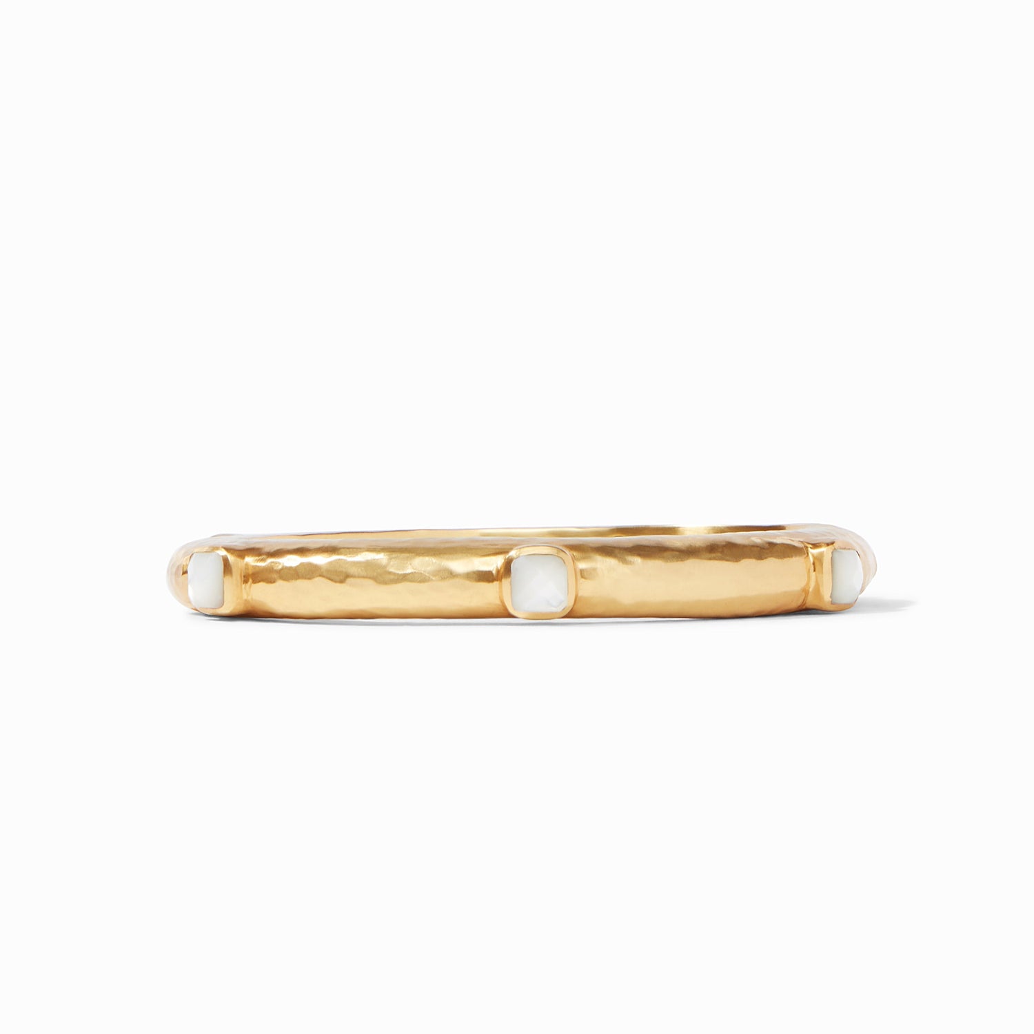 Gold hammered bangle bracelet with three square white stone accents