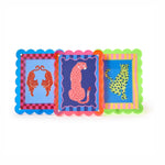 Three colorful picture frames with animal illustrations on a white background