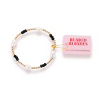 Beaded bracelet with black and gold beads and pearls on a white background, featuring 'Beaded Blondes' packaging.