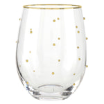 Stemless wine glass with a gold rim and raised gold dots