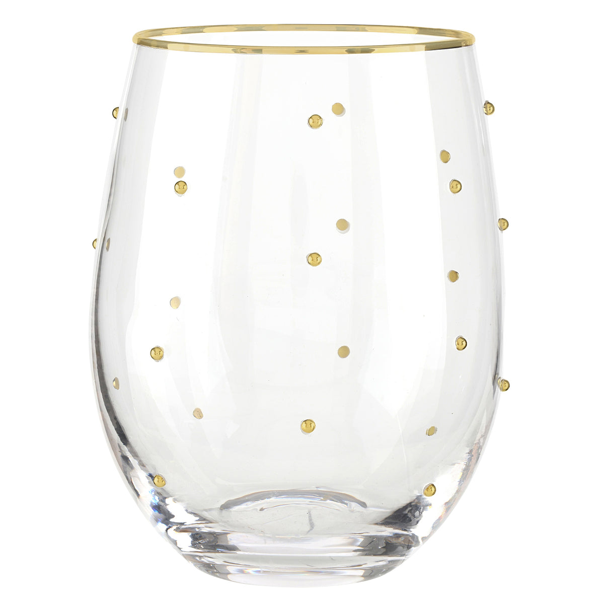 Stemless wine glass with a gold rim and raised gold dots
