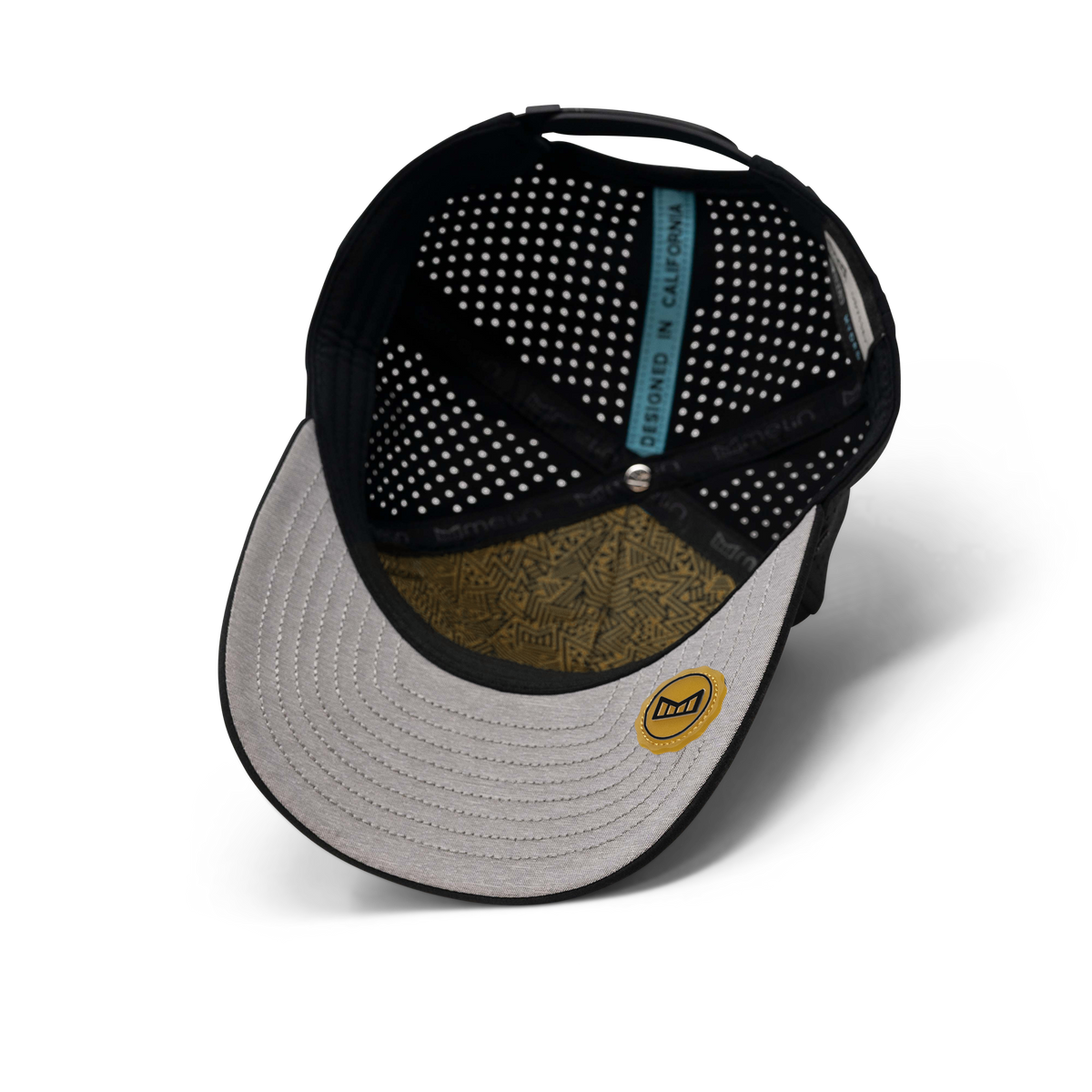 Underside of a black cap showing a gray brim, perforated lining and a printed sweatband
