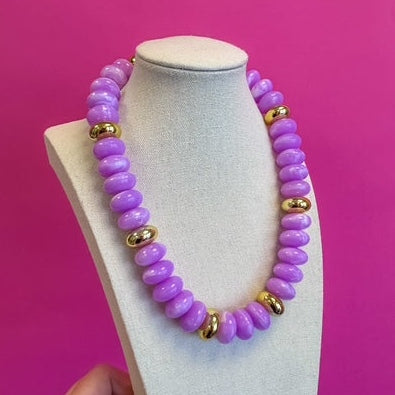 Purple & Gold Circle with Gold Bead Necklace