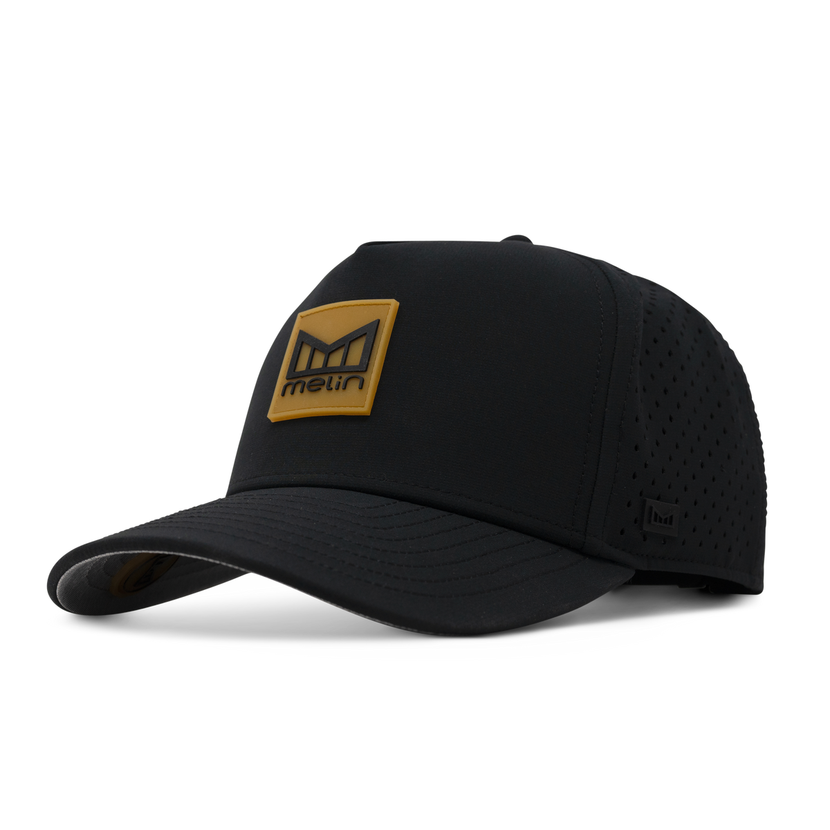 Black performance cap with a perforated crown and a mustard square Melin logo patch