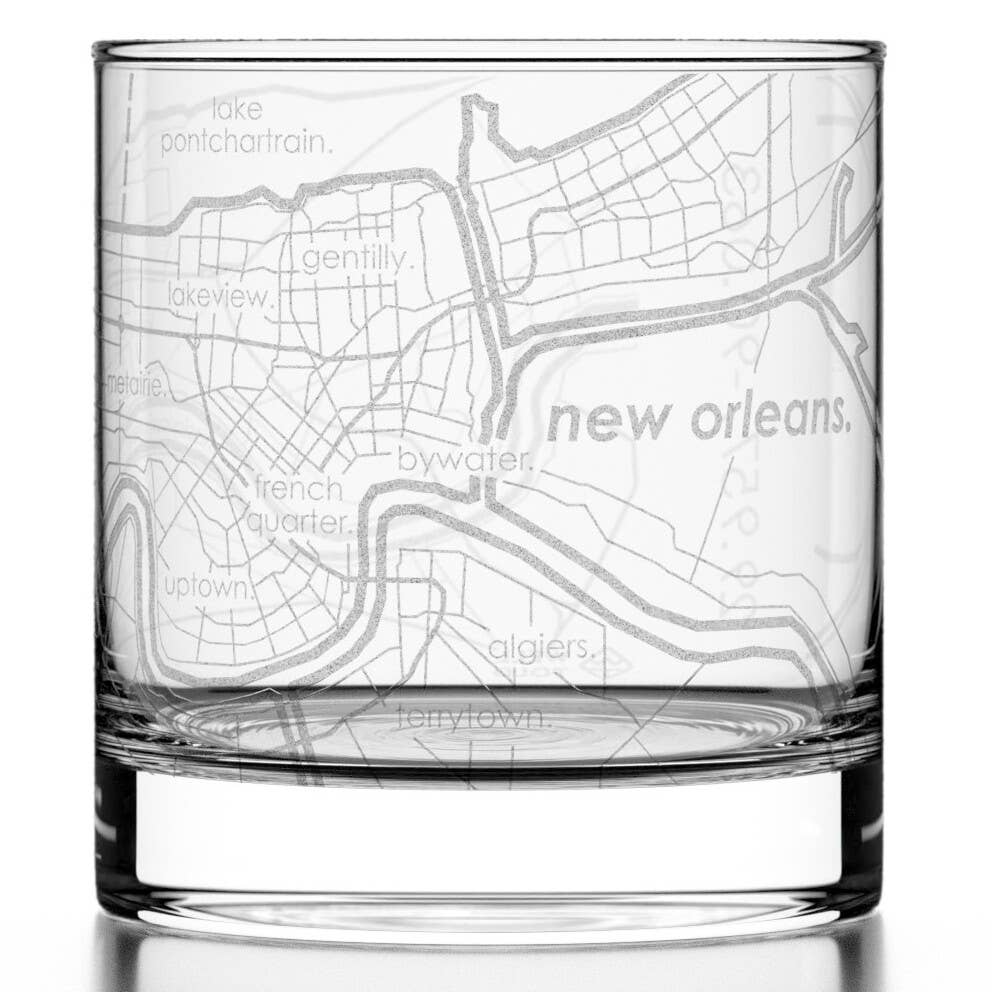 New Orleans Map Etched Rocks Glass