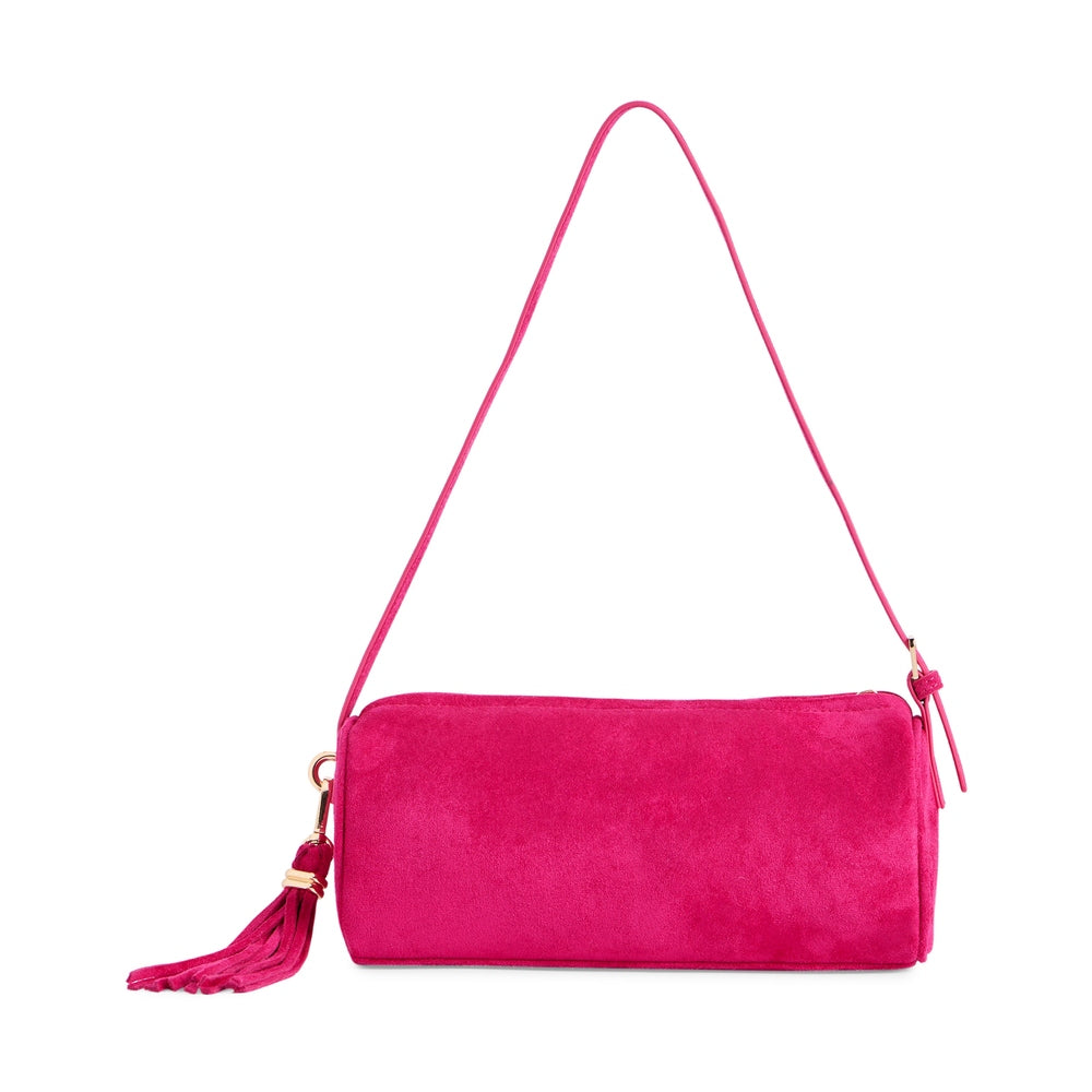 Hot pink suede cylindrical shoulder bag with a gold hardware tassel