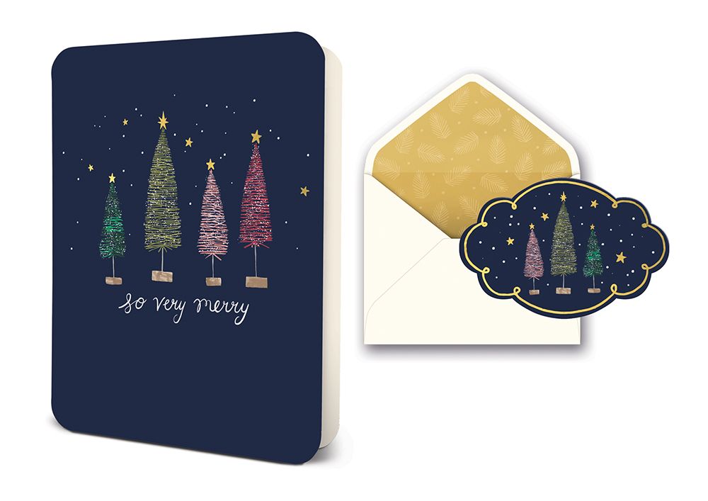 Navy blue holiday card with four stylized Christmas trees and text reading so very merry with matching envelope