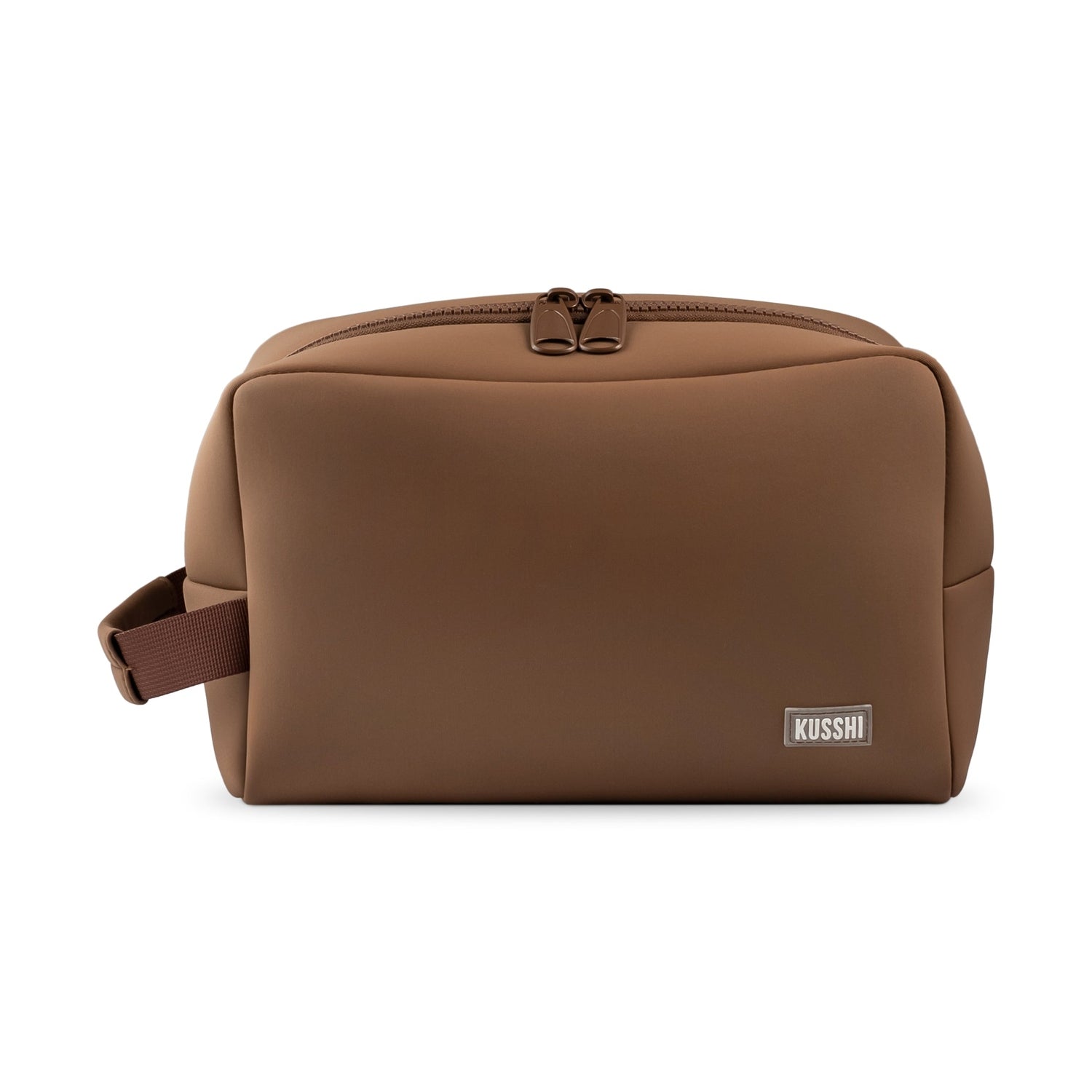 Brown toiletry bag with a visible brand logo on a white background