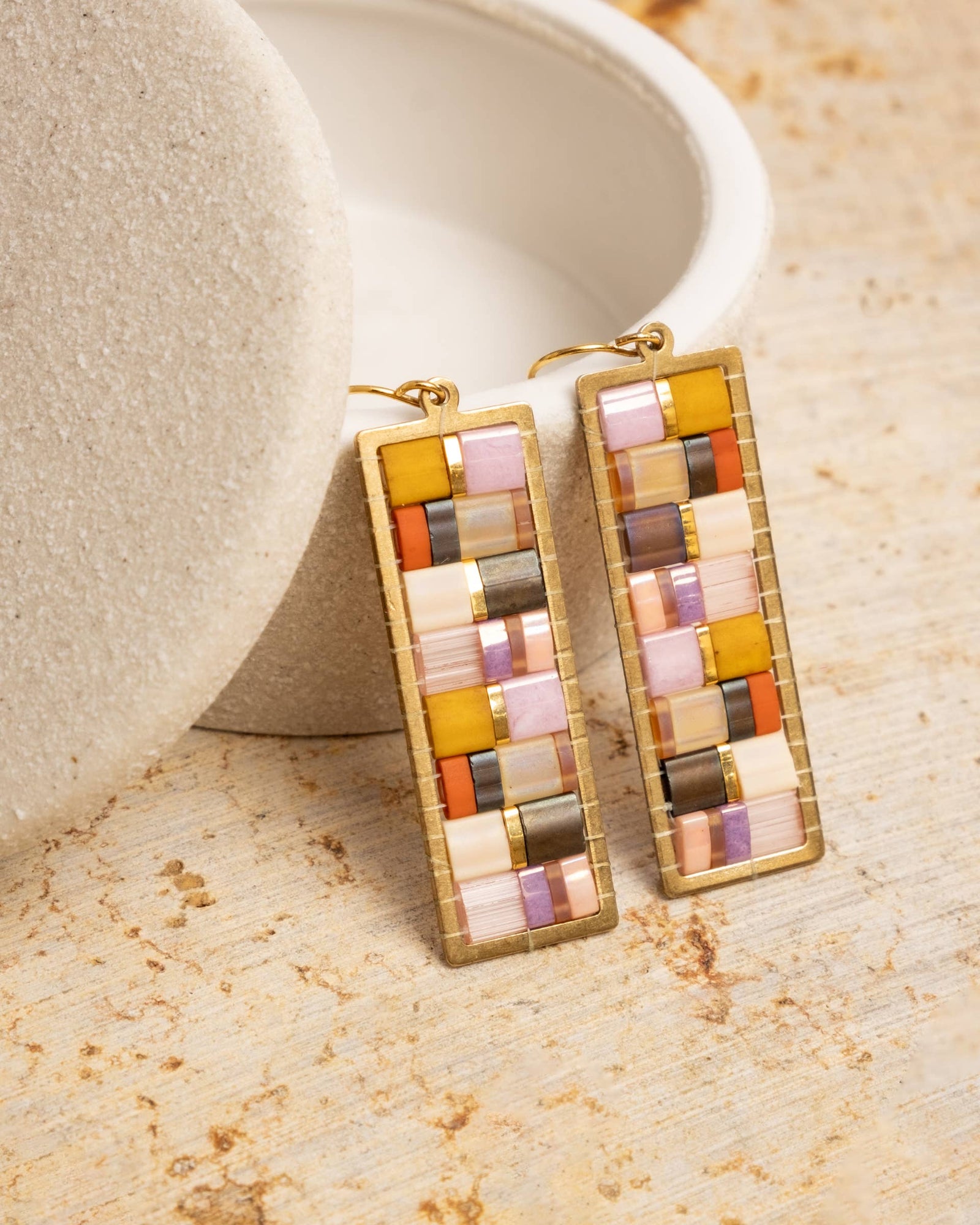Lilac - Mosaic Tila and Brass Earrings