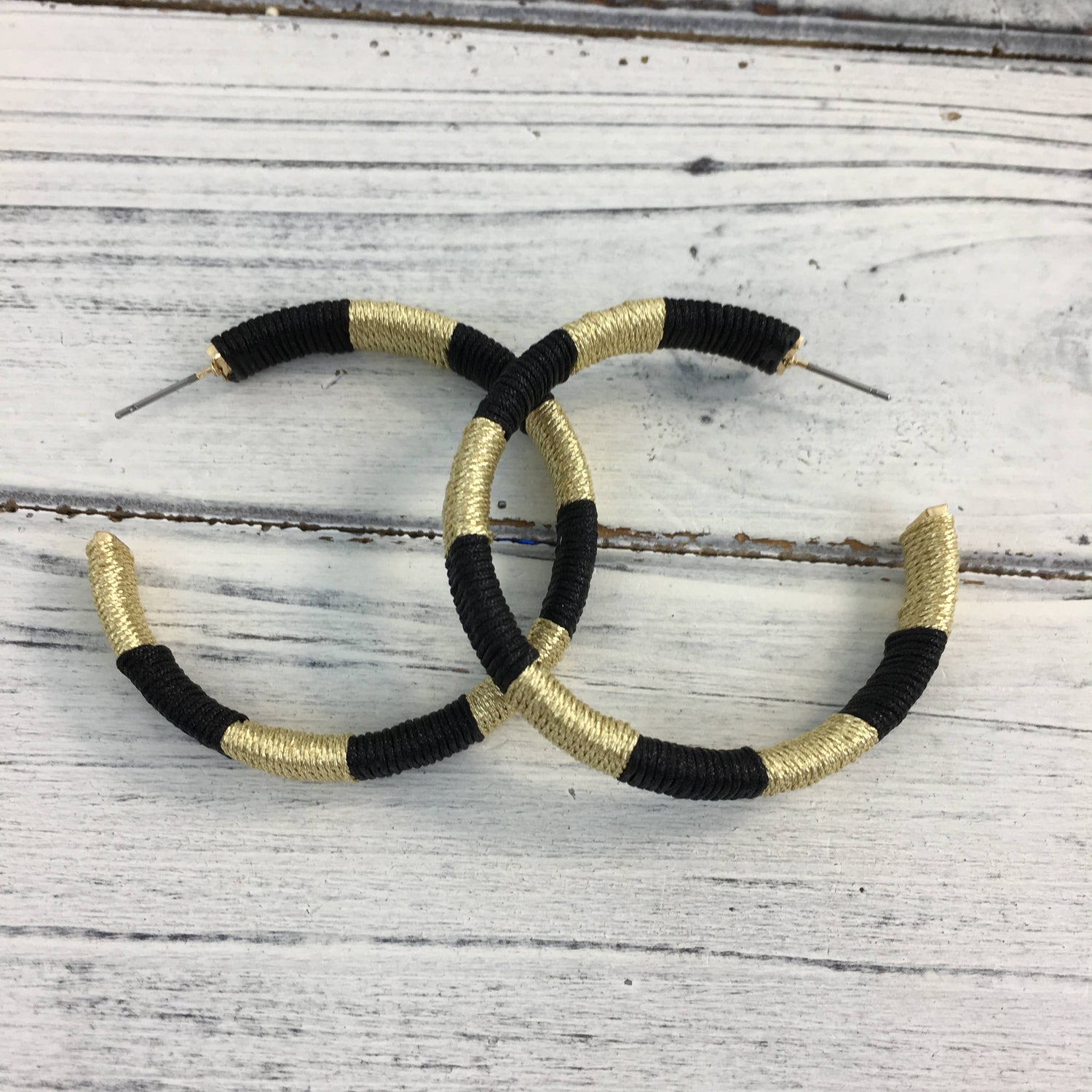 Black & Gold Threaded Hoop Earrings